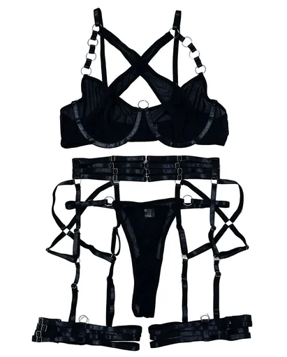 House Of Dasein Cross-Strap Neckline Underwear With Steel Ring Pure Desire Sexy Set For Women - Black - M