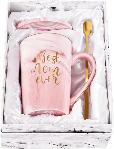 Best Mom Ever Coffee Mug Gift Set with Lid, Spoon & Coaster, 14oz Pink Marble Ceramic Cup for Mother's Day, Birthday, Christmas, Valentine's Day (Pink)