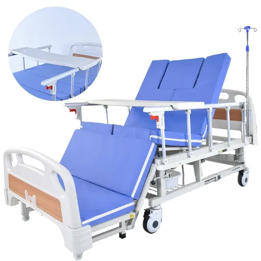 Medical Bed 7 Function Adjustable Back and Leg Lifting Lateral Tilting Commode Bowl IV Pole with Mattress and Over Bed Table