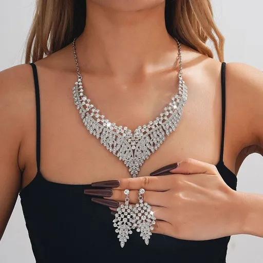 Affordable Luxury, Statement-Making Full-Diamond Necklace and Earring Set, Accessories for Banquets, Parties, and Weddings – Silver