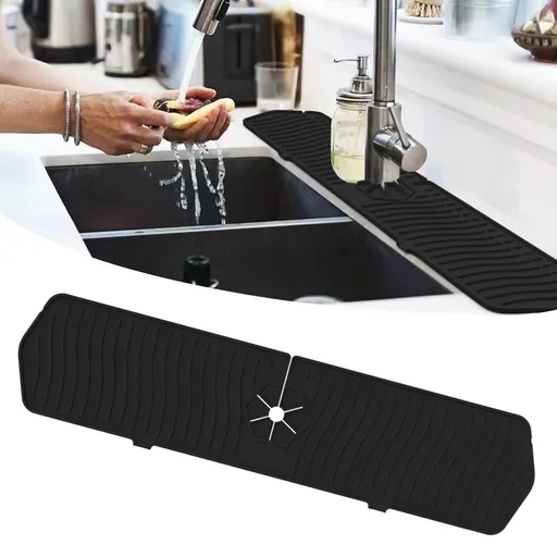 Silicone Sink Faucet Absorbing Drying Mat Black (24 x 5.6 x 0.5 inches) Durable Absorbent and Protector Draining Pad for Kitchen