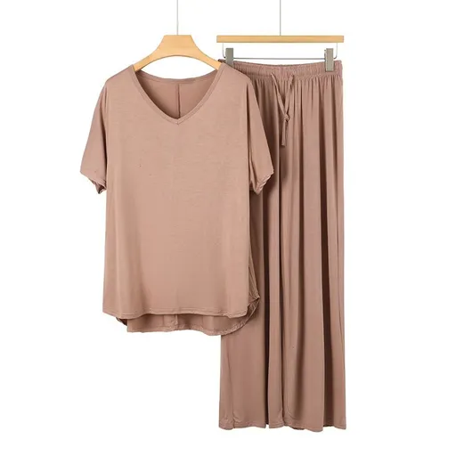 Khaki Women's Modal Lounge Set Pink V Neck Short Sleeve Top and Wide Leg Pants, Lightweight Breathable Summer Sleepwear, Relaxed Homewear for 45-72.5 kg