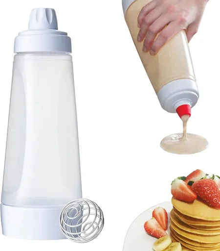 Pancake Batter Squeeze Bottle with Mixing Ball and Controlled Pouring Tip for Waffles, Crepes, Cupcakes and Cake Decorating