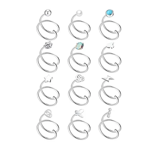 Spiral Double Hoop Stainless Steel Nose Ring, 12 Pieces
