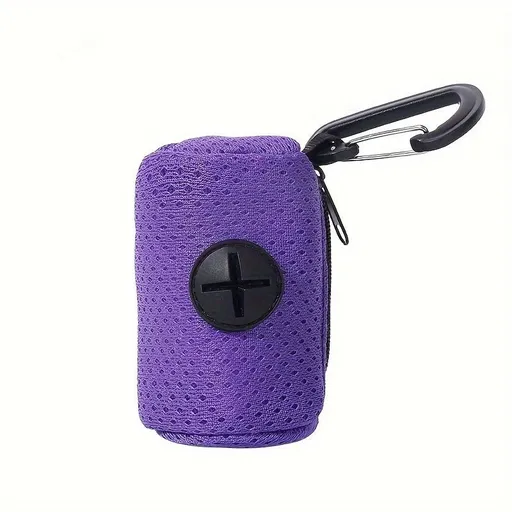 Portable Poop Bag Holder Dispenser for Dog Walking – Mesh Roll Bag Storage Case with Carabiner Clip, Easy One-Hand Pull for Outdoor Pet Waste Cleanup (Purple)