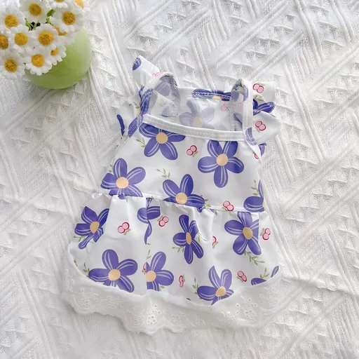 AMOOR Dog Summer Dress Lace Polka Dot Flutter Sleeve Floral Dress [Purple] XL