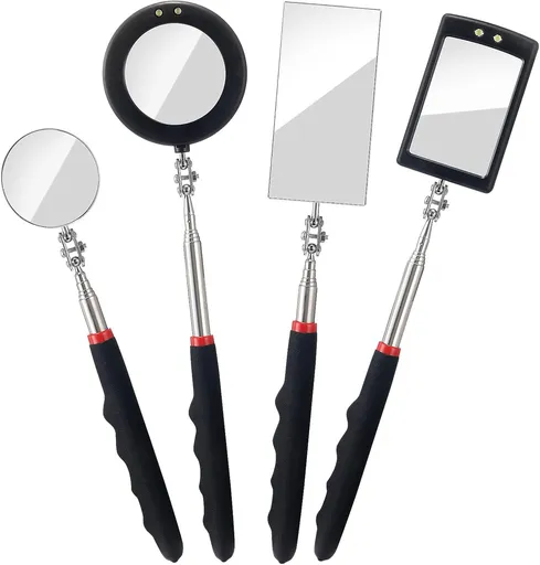 4PCS Telescoping Inspection Mirror LED Lighted Inspection Mirror for Mechanic Checking Vehicle, Car, Eyelashes, Mouth, Small Parts Observation (Extendable, Rectangle & Round)