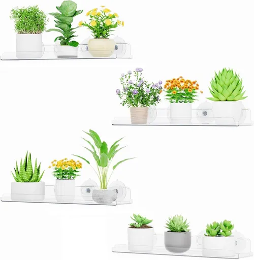 Window Plant Shelves 14.6", 2 Pack Acrylic Suction Cup Holder | No-Drill Window Sill Extender for Indoor & Outdoor Micro Greens, Clear Floating Shelf for Bathroom Mirror, or Kitchen Wall - Clear - Size 4 Pack