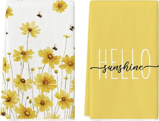 Yellow Flowers Bee Hello Sunshine Spring Kitchen Towels Dish Towels, 18x26 Inch Summer Holiday Decoration Hand Towels Set of 2