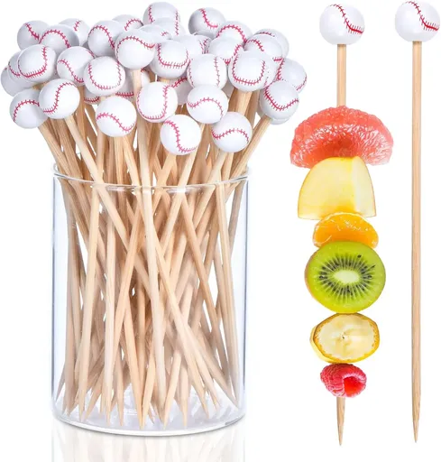 100 Pcs Baseball Cocktail Picks, 4.7 Inch Bamboo Appetizer Fruit Skewers for Sports Parties