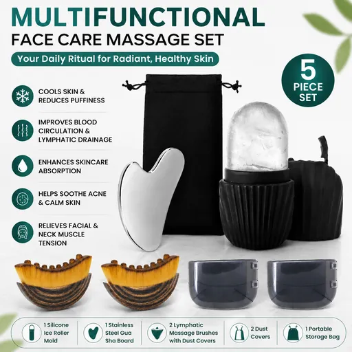 Multifunctional Skincare & Massage Kit with 80ml Black Silicone Facial Ice Roller, Stainless Steel Heart-Shaped Gua Sha Board, 2 Pack Lymphatic Drainage Massage Brushes for Skin Cooling and Absorption Enhancing, Blood Circulation and Puffiness Reduci