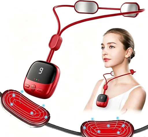 Portable Neck Massager,EMS Training Device, Stimulator, Muscle, Powered for Body Muscles and Back,Cordless Comfort Neck Relaxer,Men, and Women Fitness Belt - Red - Size 7.5"L x 5.6"W