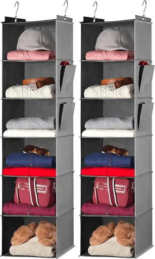 Hanging Closet Organizer - 6 Shelf Storage for Clothes, Sweaters, Shoes & Accessories - Space-Saving Wardrobe Shelves with Hooks for Dorm, RV & Small Closet Organization (Grey) (Pack of 2)