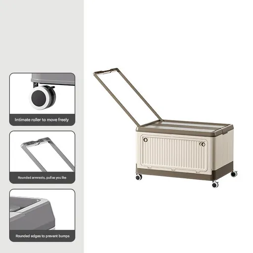 Size L Brown Collapsible Storage Box with Wheels and Telescopic Handle - Stackable Folding Crate for Car & Home