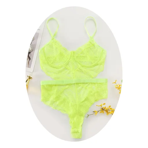 Sexy Lace Sheer Floral Backless Bodysuit Open Crotch Teddy Lingerie Women - Neon Green - M