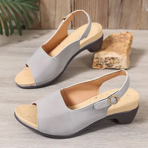 Women Chunky Heel Sandals Buckle Strap PU Rubber Grey 37