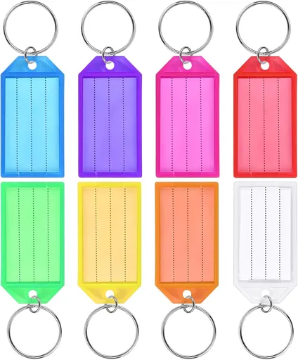 24 PCS Key Tags with Labels, Plastic Key Chain Tags with Transparent Covers and Split Rings for Luggage, Backpacks, Travel, Office, Item Identification, Personalization, 8 Colors
