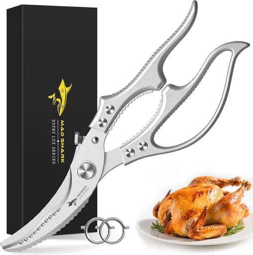 Heavy Duty Kitchen Shears, Poultry Scissors for Cutting Chicken Bones, German Stainless Steel, All-Metal Design, Spring-Loaded, Dishwasher Safe (Silver)