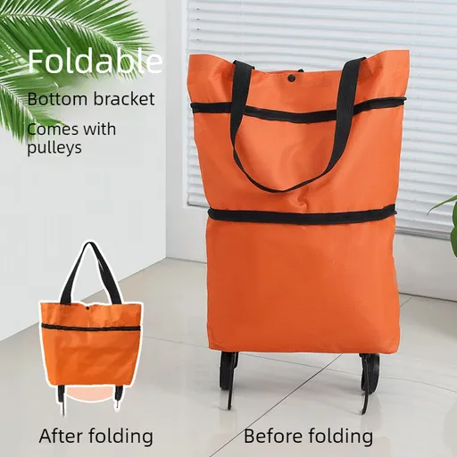 Foldable Shopping Trolley with Wheels, Portable Large-Capacity Oxford Cloth Shopping Cart, Home Delivery Cart - Orange