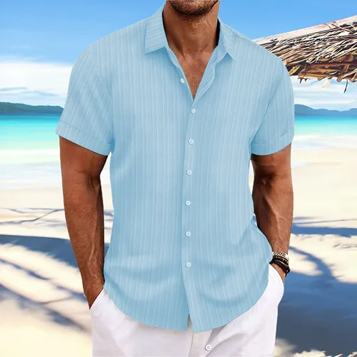 Men Cotton Linen Striped Casual Shirt Light blue XXXL