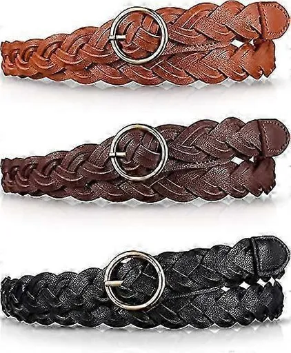 3pcs Women's Skinny Braided Leather Belts with O-Ring Buckle