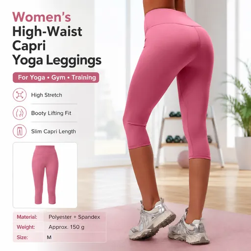 Pink M Size Women's High Waist 3/4 Yoga Leggings - Peach Hip Lift Design, Breathable Stretch Fabric for Gym Running and Daily Wear
