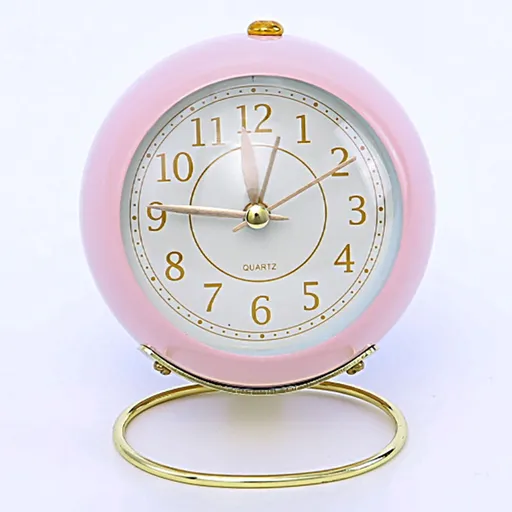 European Style Metal Clock Ingenious Mute Round Children Electronic Quartz Alarm Clock for Living Room Bedroom Pink