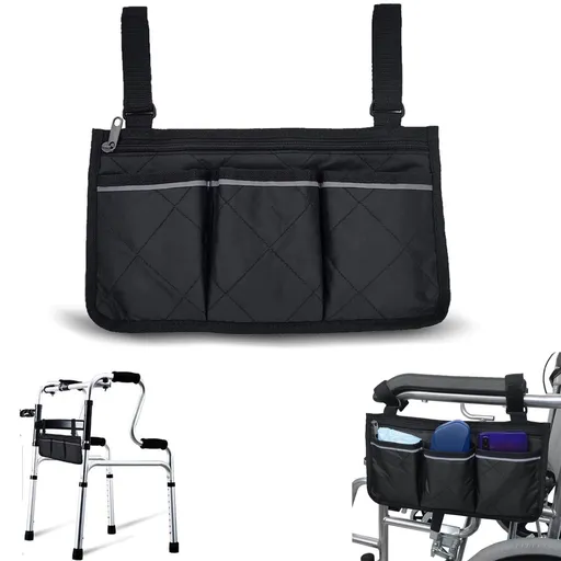 Wheelchair Armrest Accessories, Side Bags to Hang on Side with Pouches Waterproof Black Storage Fathers Mothers (black side)
