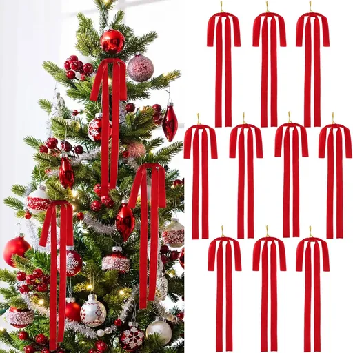 10PK Red Christmas Bows Long Velvet Bow Ornaments for Vintage Christmas Tree Decorations, Large Ribbon Bow for Swag Staircase Wreath Garland Fireplace, Great Holiday Decor, 23.5x15.7 Inch