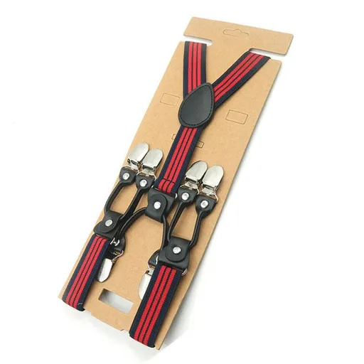 Unisex Y Shaped Suspenders 6 Clips 2.5cm Polyester Black background red stripes