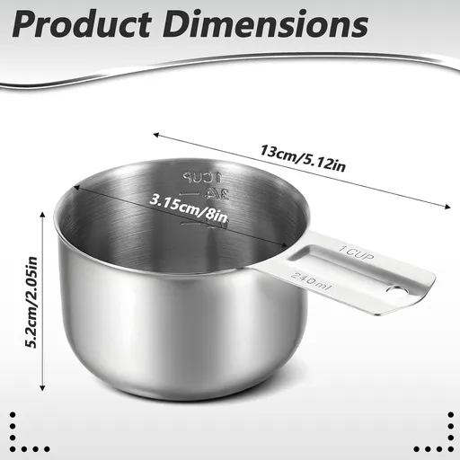 Xindojuz 1 Cup Single Stainless Steel Measuring Cup, Etched Inner Scale Metal Measure Scoop for Cooking Baking, Laundry Detergent, Wet and Dry Ingredients, Dishwasher Safe (240 ml, 8 oz)