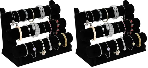 2Pack Velvet Bracelet Holder with 3 Tier Rack, Black Detachable Jewelry Display Stand T-Bar Necklace Storage Organizer for Bangles Watch Bracelets Scrunchies Organization Showcase - Black - Size 2Pack