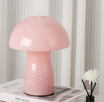 LED Table Lamp Retro Mushroom Design 23cm Height Pink Swirl Glass
