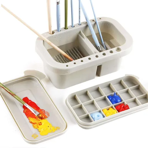 Multi-Use Paint Brush Basin with Brushes Holder,Washer,Trays,Palette Box-Artist Cleaner Cup for Watercolor Oil Acrylic
