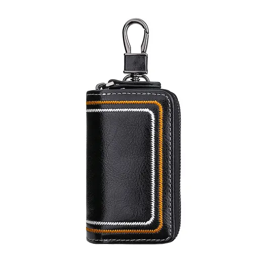 Black Premium Genuine Leather Double Zipper Key Case - Car & House Key Organizer Pouch