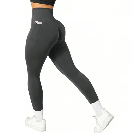 M Size Dark Grey Breathable High-Waist Ruched Butt-Lift Yoga Leggings - Dual Pockets & No Front T - LineNaked-Feel Performance Tights for Gym, Running & Pilates