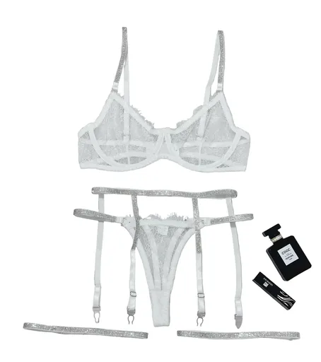 House Of Dasein Cross-Border Sexy Lingerie Lace Trim Rhinestone Transparent Thong Garter Belt Four-Piece Set - White - L