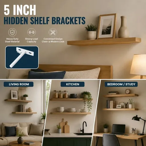 5" White Hidden T Shelf Bracket 2Pcs w/ 5x60&5x80 Screws