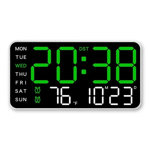 9.5 Inch Large LED Digital Wall Clock Dual Alarm Snooze Desk or Wall Mount - Green