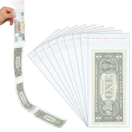 100Pcs Cake Money Box Transparent Bag, 3.15 x 7.87 Clear Paper Money Currency Sleeves Self Sealing Cellophane Money Bags