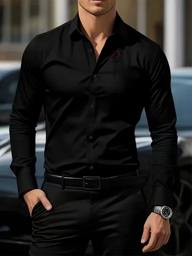 Men'S Formal Shirt Slim Fit Dress Shirt Long Sleeve Shirt Printed Shirt - Black - Size S(AU S/EU46)