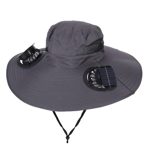 Dark Grey Dual Turbo Fan Sun Hat with Square Solar Panel & TypeC Interface - Waterproof 14cm Wide-Brim Cooling Hat for Outdoor Fishing Hiking Camping