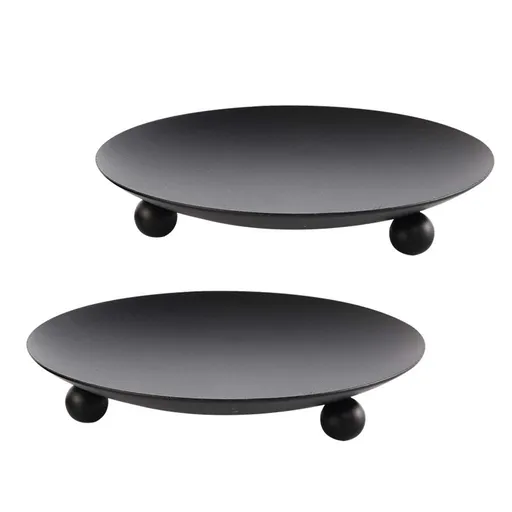 Black Iron Plate Candle Holder, Decorative Iron Pillar Candle Plate, Set of 2, 4.37 inches D x 0.78 inches H,Pedestal Candle Stand