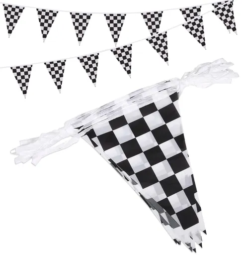 Reusable party decoration flags, 38 black and white checkered flags sewn on white ropes (black and white checkered)