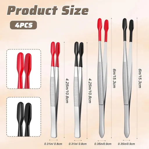 4 Pieces Rubber Tipped Tweezers, Forceps Silicone Coated Flat Tip Long Bent Precision Tweezers, Hobby Craft Tweezer Tools for Crafting Stamps Coins Jewelry Industrial Electronic Lab (Black & Red)