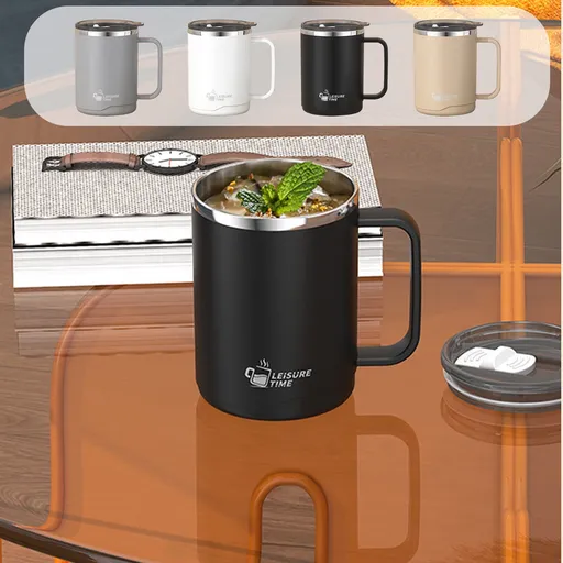 Insulated Coffee Mug with Handle & Lid - 17oz Stainless Steel Travel Tumbler, Double Wall Vacuum (Black) by 02_【Limited Time Offer】 Upgraded Double-Wall Insulated Coffee Mug