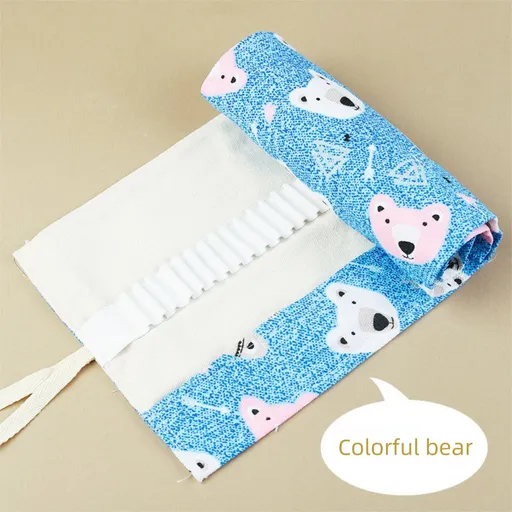 108-Slot Print Canvas Pencil Roll (Colorful bear)- Large Capacity Roll-Up Pencil Case with Individual Holders and Tie Closure for Coloured Pencils, Drawing and Sketching