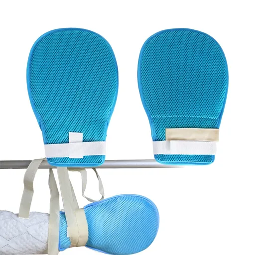 2 Pcs Dementia Hand Restraint Gloves, Breathable Safety Anti Scratch Mitts for Elderly Patients Blue double-sided constraint gloves