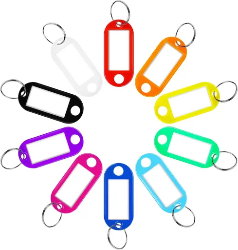 50 PCS Plastic Key Tags with Split Ring, Label Window Key Chain Name Identifiers for Luggage, Suitcases, Backpacks, Travel, Pets, Office, Home Organization, 10 Colors