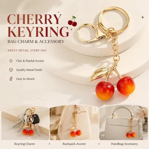 Cherry Keychain Bag Charm Semi Handmade Lightweight Pink with Gold Leaves